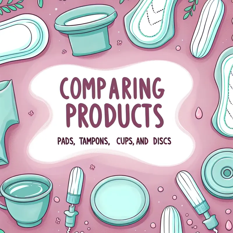 Cartoon-style illustration for Comparing Menstrual Products: Pads, Tampons, Cups, and Discs