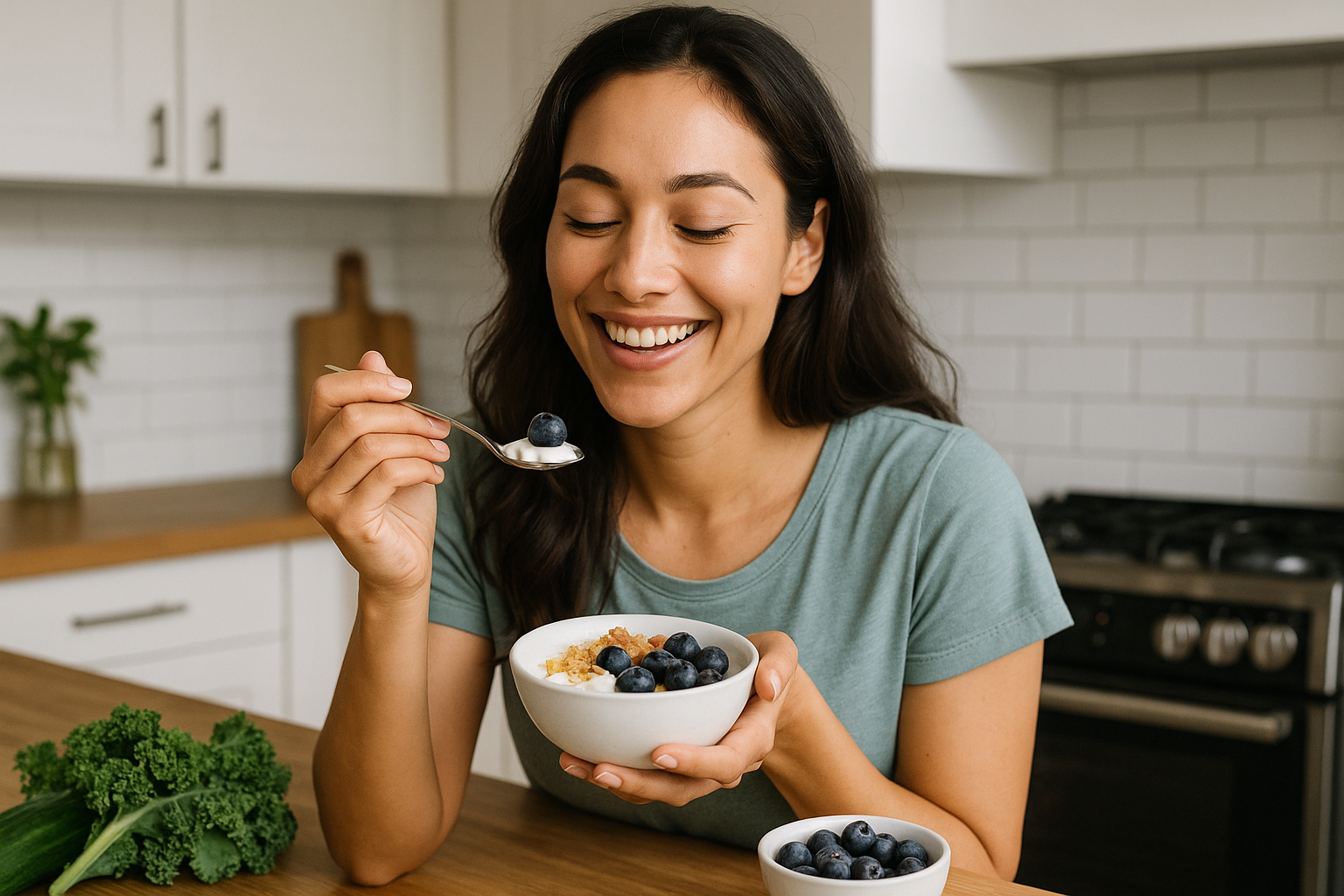 Healthy gut-friendly foods on a wooden table, promoting hormonal balance in women