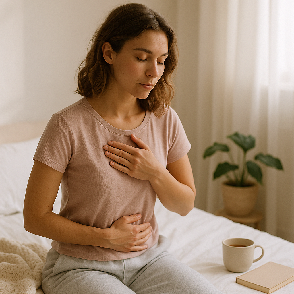 Woman holding her lower abdomen, reflecting on hormonal imbalance symptoms