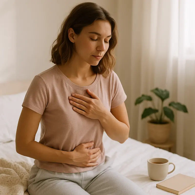 Woman holding her lower abdomen, reflecting on hormonal imbalance symptoms