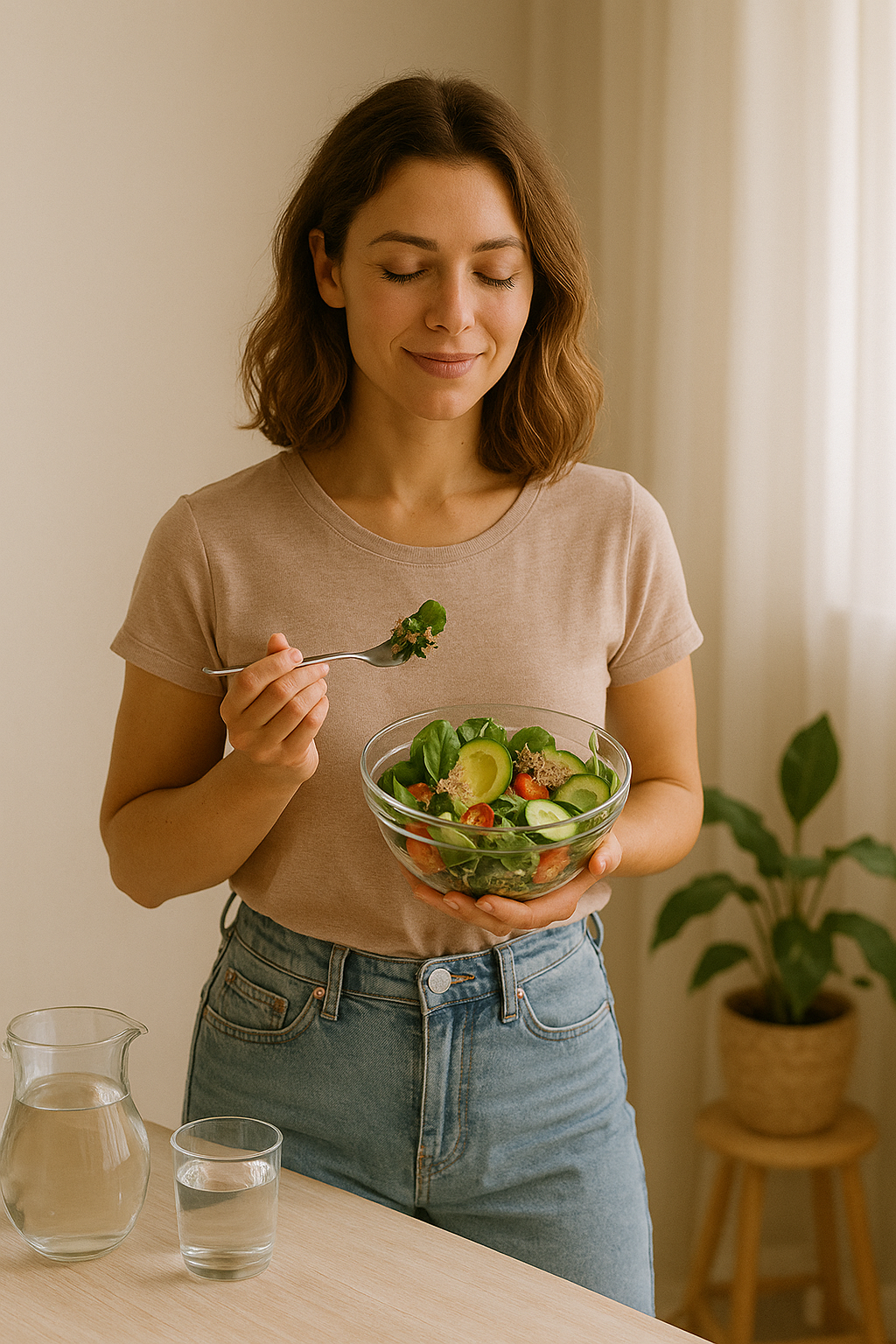 Woman preparing a healthy meal with colorful vegetables to support hormone balance