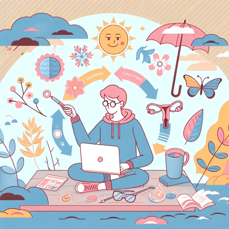 Cartoon-style illustration for Seasonal Affective Disorder and Menstrual Cycle Interactions